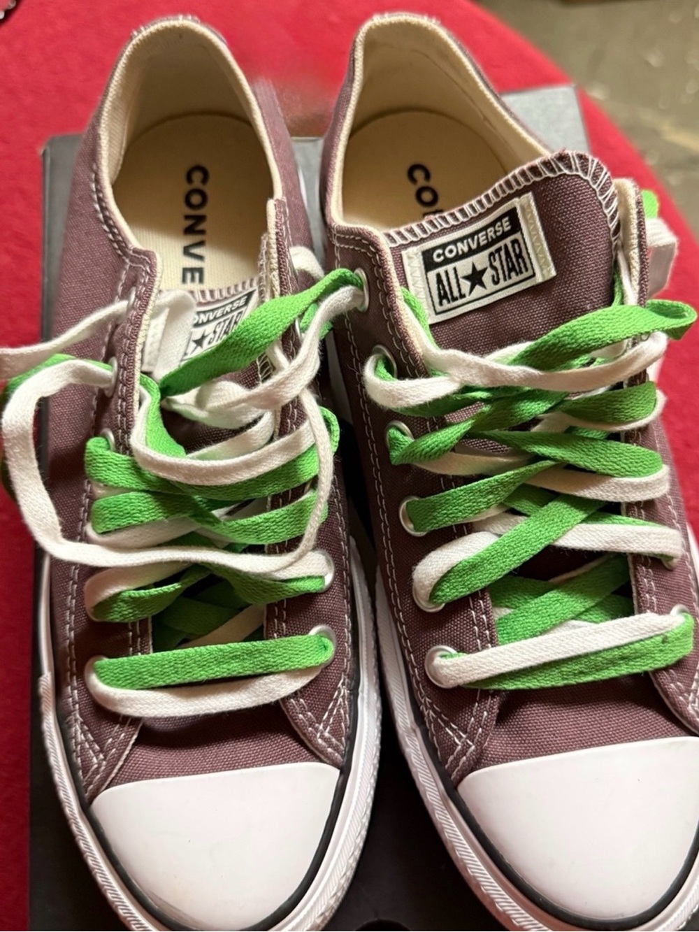 Converse Canvas Low-Top Sneakers in Plum with Green Laces
